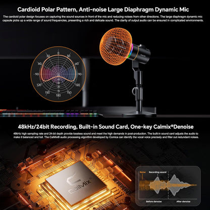 COMICA EJoy D10 D USB/XLR Dynamic Microphone with RGB Lighting &CalMix Denoise &Mute Button- Studio-Quality Cardioid Mic with Desktop Stand for Gaming, Streaming, Podcast,YouTube(PC/PS5/Xbox/Mac)Black