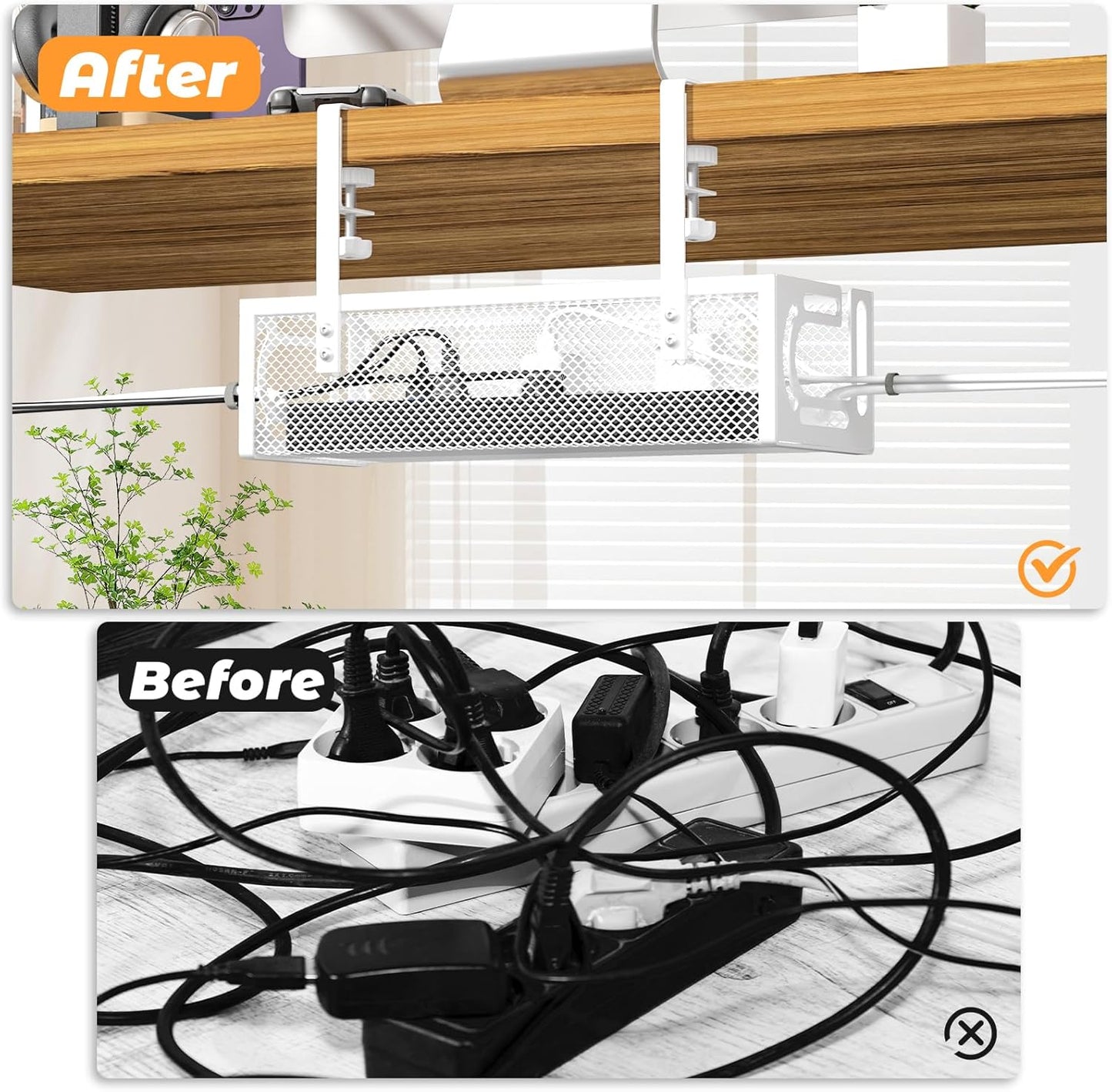 Under Desk Cable Management Tray, 15.7'' No Drill Steel Desk Cable Organizers, Wire Management Tray Cable Management Rack (2 Packs-White)