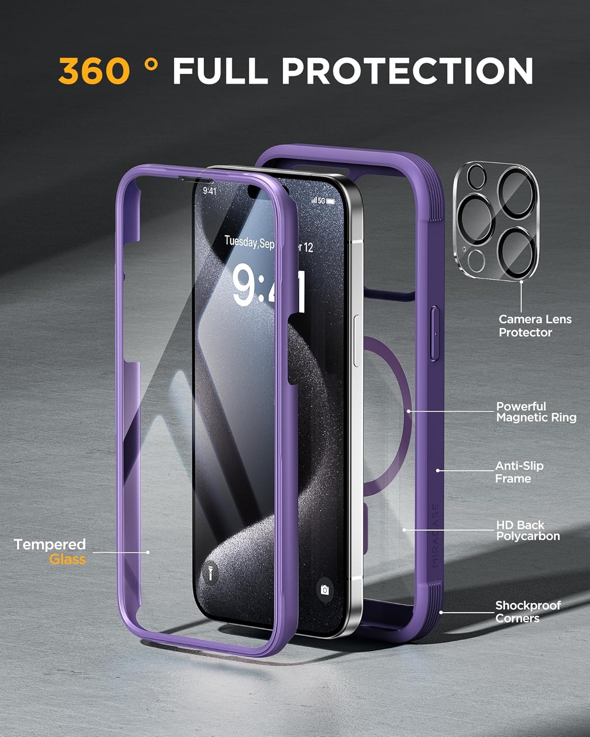 Miracase Magnetic for iPhone 12 Pro Max Case [Compatible with MagSafe] Full-Body Phone case with Built-in Glass Screen Protector& Camera Protector, Military Drop Proof 12 Pro Max Cover, Purple