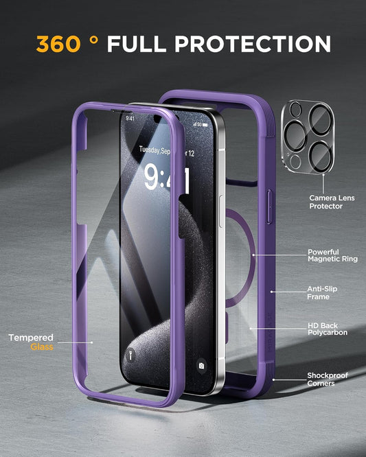 Miracase Magnetic for iPhone 12 Pro Max Case [Compatible with MagSafe] Full-Body Phone case with Built-in Glass Screen Protector& Camera Protector, Military Drop Proof 12 Pro Max Cover, Purple