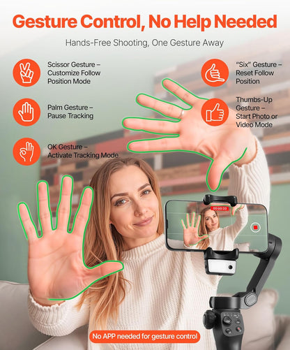 VEVOR Gimbal Stabilizer for Smartphone, 3-Axis Stabilization, AI-Powered Phone Gimbal for Android iPhone with Fill Light, Tripod, Auto Tracking, Portable Foldable Phone Stabilizer for Video Recording