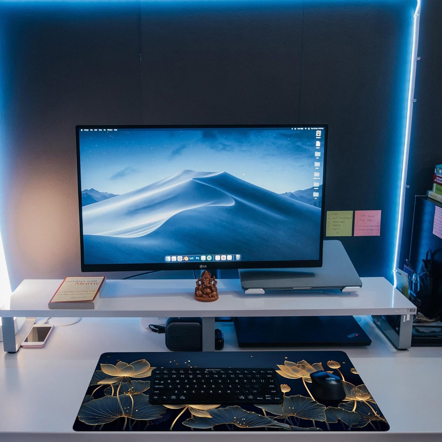 Desk Pad,Luxury Golden Lotus Line Arts Desk Mat,Dark Blue Background Large Gaming Mouse Pad for Desk,31.5"x15.7" Extended Big Computer Keyboard Mouse Pad with Non-Slip Base and Stitched Edge