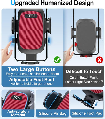 HTU [True Military-Grade] 2025 Upgraded Car Phone Holder 【Safety Certs & No Smell】 Cell Phone Holder for Car Mount for Dashboard Windshield Air Vent Long Arm Thick Case,Red