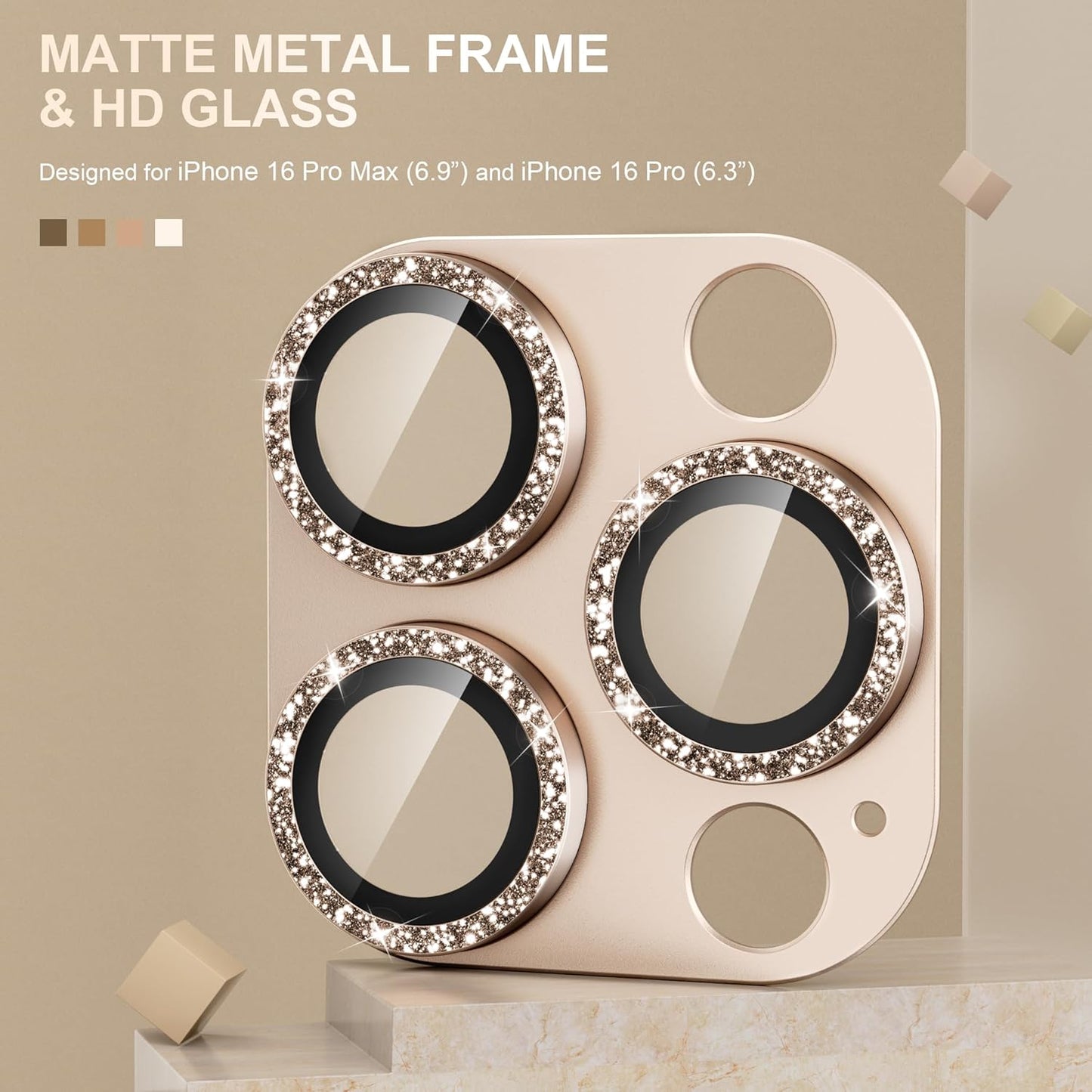 beuxece Compatible for iPhone 16 Pro/iPhone 16 Pro Max Camera Lens Protector, Bling Metal Tempered Glass Camera Screen Cover Accessories [Strong Adsorption][Case-Friendly]- Glitter Titanium Desert