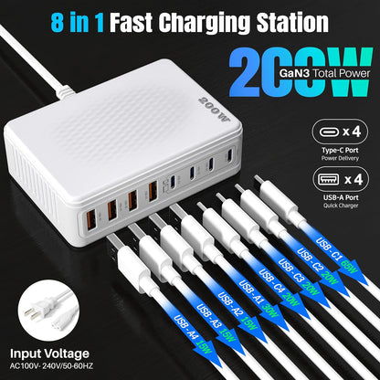 200W GaN III 8-Ports USB C Fast Charger, Type C Block, QC4.0 Fast Phone Charging Station Hub PD 65W Laptop Charger Power Adapter for iPad/Air/Pro iPhone 16/15 MacBook Pro/Air, Galaxy Phones, Tablet