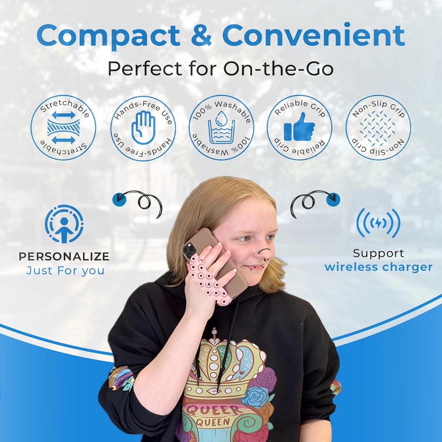 Phone Grip Strap - Pack of 2 Reversible Finger Holder for Phone Back, Customizable Anti-Slip Design, Wireless Charging Compatible Detachable Holder for iPhone - Color