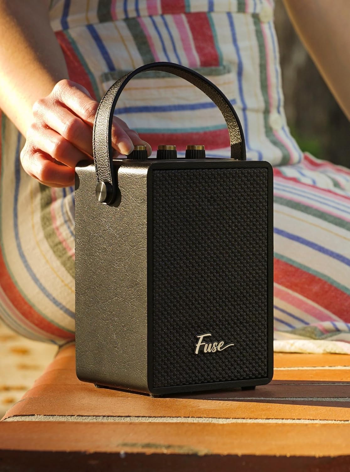 Fuse Andle Vintage Retro Bluetooth Speaker with Vegan Leather Handle | Portable Speaker with Smartphone Connection | USB & AUX Input | Stylish Black Wood Exterior