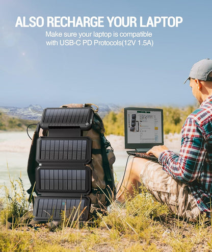 BLAVOR Solar Charger Power Bank, PD 18W Fast Charging 20000mAh Battery Pack with 4 Foldable Panels, Portable Solar Powered USB C Charger with Camping Flashlight Compass Carabiner for Cell Phone