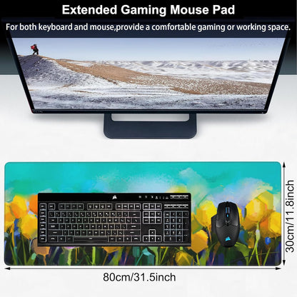 Tulips Flowers Desk Mat,Large Yellow and Violet Tulip Flowers Gaming Keyboard Mouse Pad,Non-Slip Rubber Base Desk Pad Thick Stitched Edges Waterproof Mousepad Mouse Mat 31.5"x11.8"