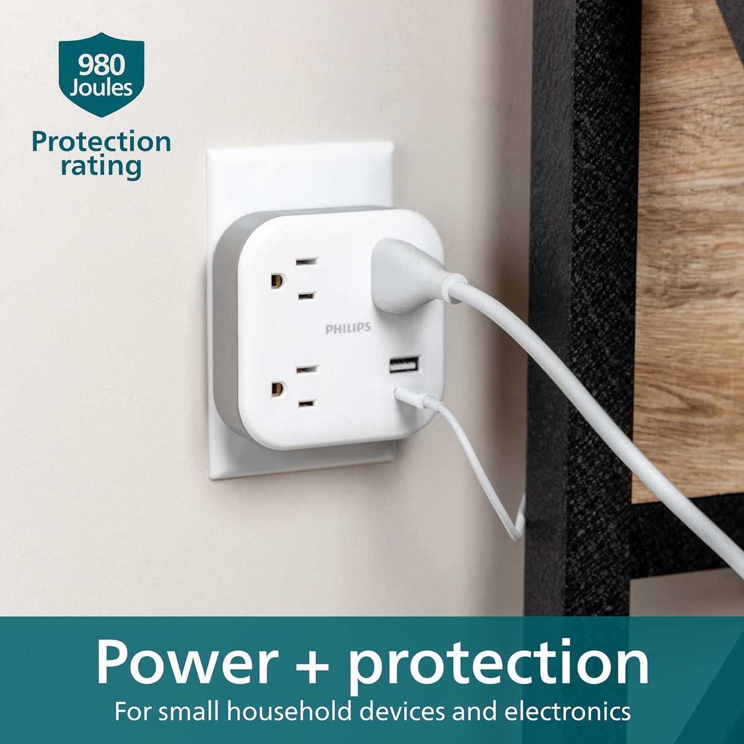 Philips EZFit 3-Outlet Surge Outlet Extender with USB, 1 USB-A, 1 USB-C, Adapter Spaced, Charging Station, 12W, 980 Joules, White - SPP9393W/37