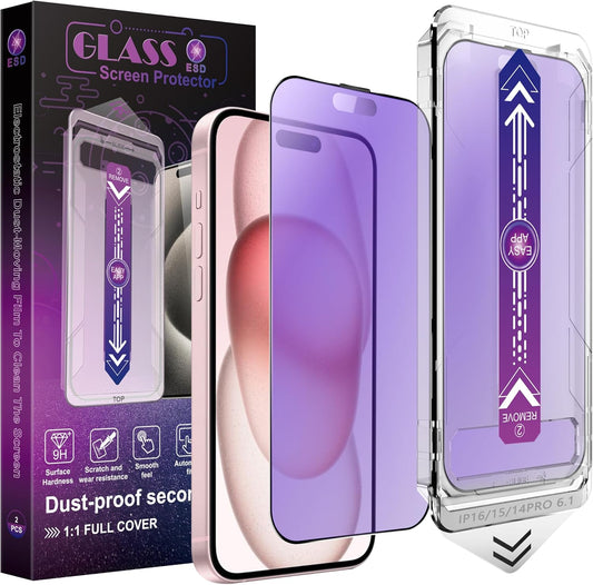 2 Pack Anti Blue Light Matte Screen Protector for iPhone 14 Pro/iPhone 15 / iPhone 16, 9H Tempered Glass, Full Coverage, Anti-Fingerprint, Auto Dust-Elimination, No Bubble, Easy Installation