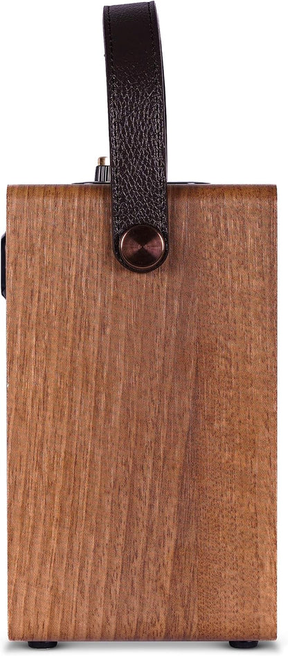 Fuse Andle Vintage Retro Bluetooth Speaker with Vegan Leather Handle | Portable Speaker with Smartphone Connection | USB & AUX Input | Stylish Brown Wood Exterior