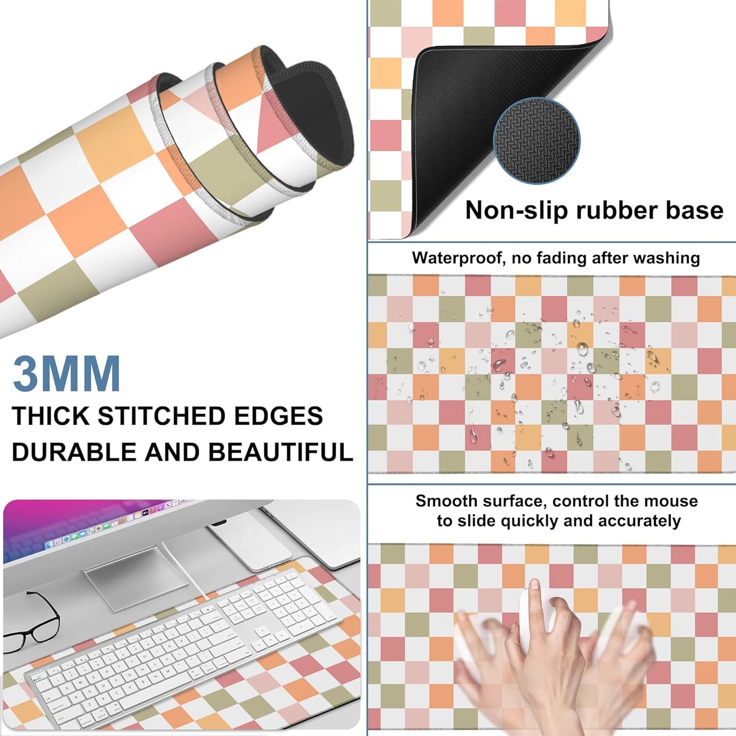 Gaming Desk Pad Large Extra Length Multicolored Chess Board Mouse Pad Keyboard Laptop Non-Slip Waterproof with Rubber Base Thick Stitched Edge Mouse Mat for Office Home 35.4 x 15.7 Inches