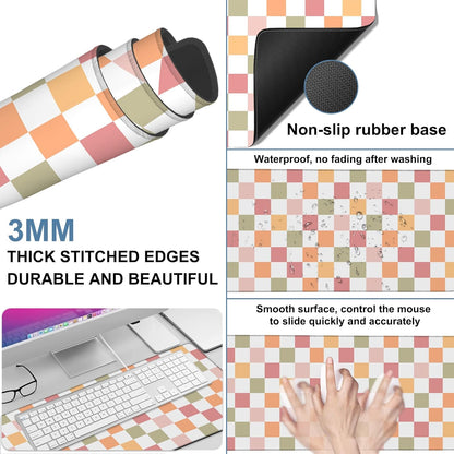Gaming Desk Pad Large Extra Length Multicolored Chess Board Mouse Pad Keyboard Laptop Non-Slip Waterproof with Rubber Base Thick Stitched Edge Mouse Mat for Office Home 35.4 x 15.7 Inches
