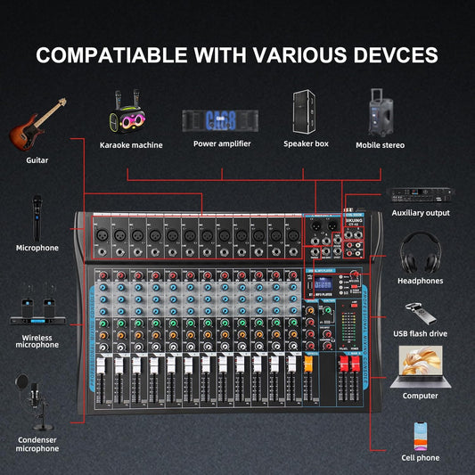 12 Channel Audio Interfacer Sound Board Mixer DJ Mixer 16-Bit DSP Effect USB Audio Mixer +48V Phantom Power Bluetooth Mixer for Karaoke Studio Streaming Recording,Live Streaming