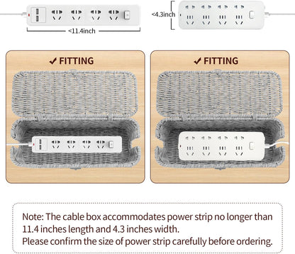 Cable Management Box, Woven Rattan Cord Hider With Lid & Button Lock, Floor Cord Holder for Power Strip USB Hub, Boho Desk Wicker Wires Storage Cable Organizer Box(grey)