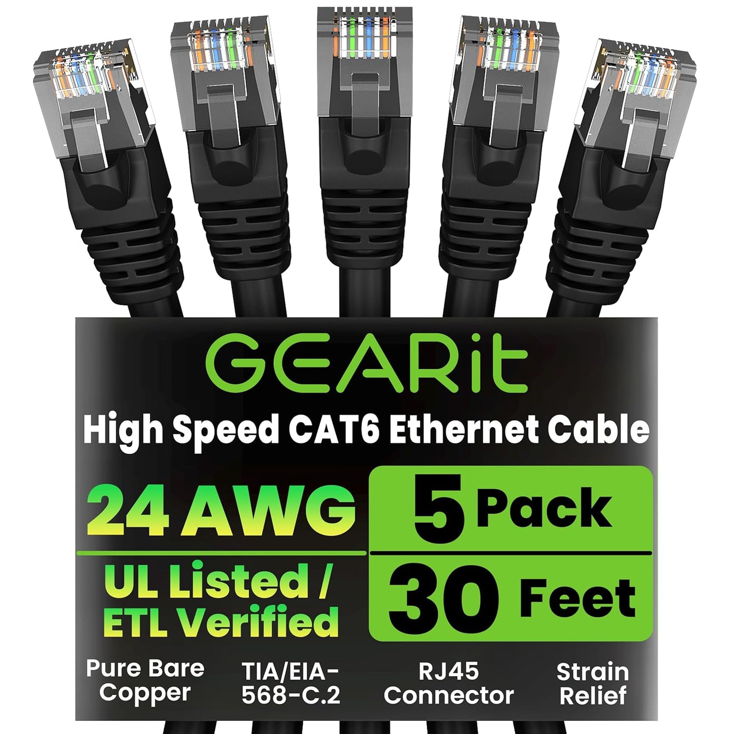 GEARit Cat 6 Ethernet Cable Pack - 5-Pack 30 ft Cat6 Ethernet Patch Cables | RJ45 Network Patch Cable, 10 Gbps Snagless Gold-Plated Connectors - Ethernet Cable Cat 6 for PC, TV, Router - Black