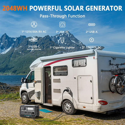ALLWEI LiFePO4 Portable Power Station 2400W(Surge 4800W) with 1x 200W Solar Panel Included, Fast Charge in 1.5H, 4 AC Outlet, 2048Wh Solar Generator for RV Camping Emergency Outdoor Home Use