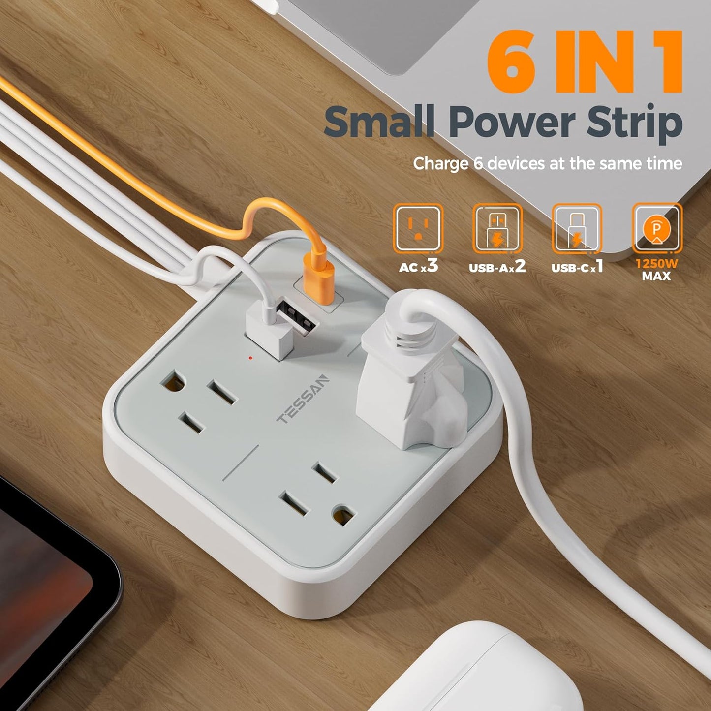 Short Extension Cord with Multiple Outlets 3 FT, TESSAN Small Flat Plug Power Strip with 3 USB (1 USB C) and Multi Outlets, Surge Protector Charging Station for Office, School, Dorm Room Essentials