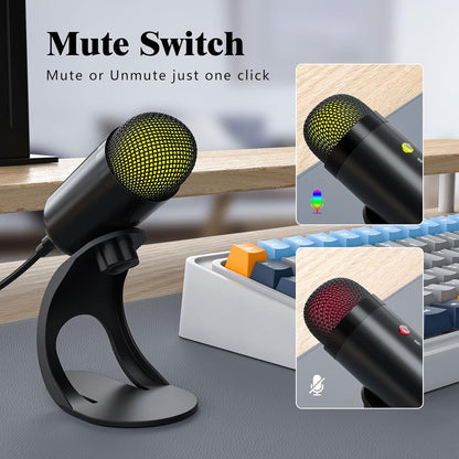 LIANGSTAR USB Computer Microphone, Podcast Mic Desktop with Mute Button for Recording Streaming, Color Change, Omnidirectional Condenser, Plug and Play with Stand for PC, Laptop, Mac, YouTube