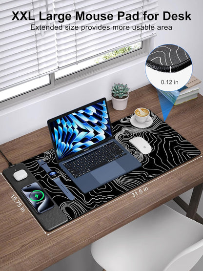 TopMade Mouse Pad with 15W Fast Wireless Charging, 31.5"x15.75" XXL Large Gaming Waterproof Desk Pad with Ultra-Smooth Surface, Non-Slip Base, Computer Desk Mat, Black Topographic Map #2
