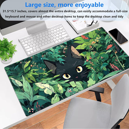 Black Cat Mouse Pad Cute Gaming Mousepad XL Kawaii Computer Mat 31.5 x 15.7 in Full Desk Mouse and Keyboard Pad Green Desk Mat with Stitched Edge Anti-Slip Washable for Office and Home