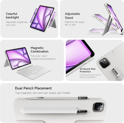 HOU iPad Air 11 Case with Keyboard (M3 2025, M2 2024) Detachable Rotatable Magnetic Full Protection Case, 7-Color Backlight, Touchpad, Elastic Pen Holder for iPad Pro 11 (4th-1st) & Air (5/4th)–White