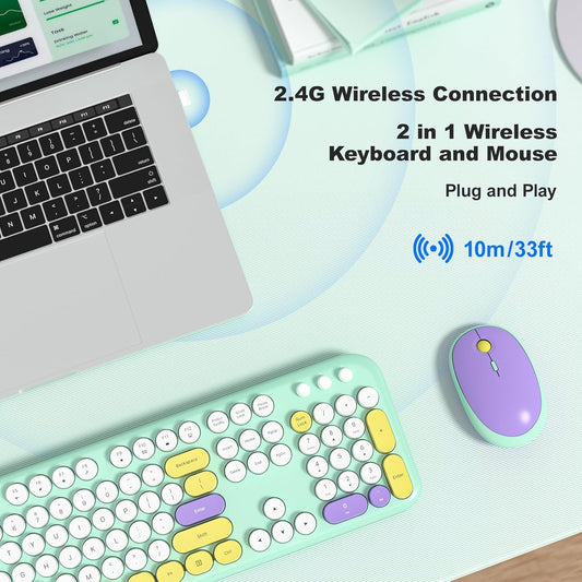 KNOWSQT Wireless Keyboard and Mouse Combo - Lovely Tiffany Blue Rainbow Full-Sized Typewriter Colorful Keyboards, Round Keycap Plug Play Retro Cute Keyboards for Windows, Laptop, PC, Desktop, Computer