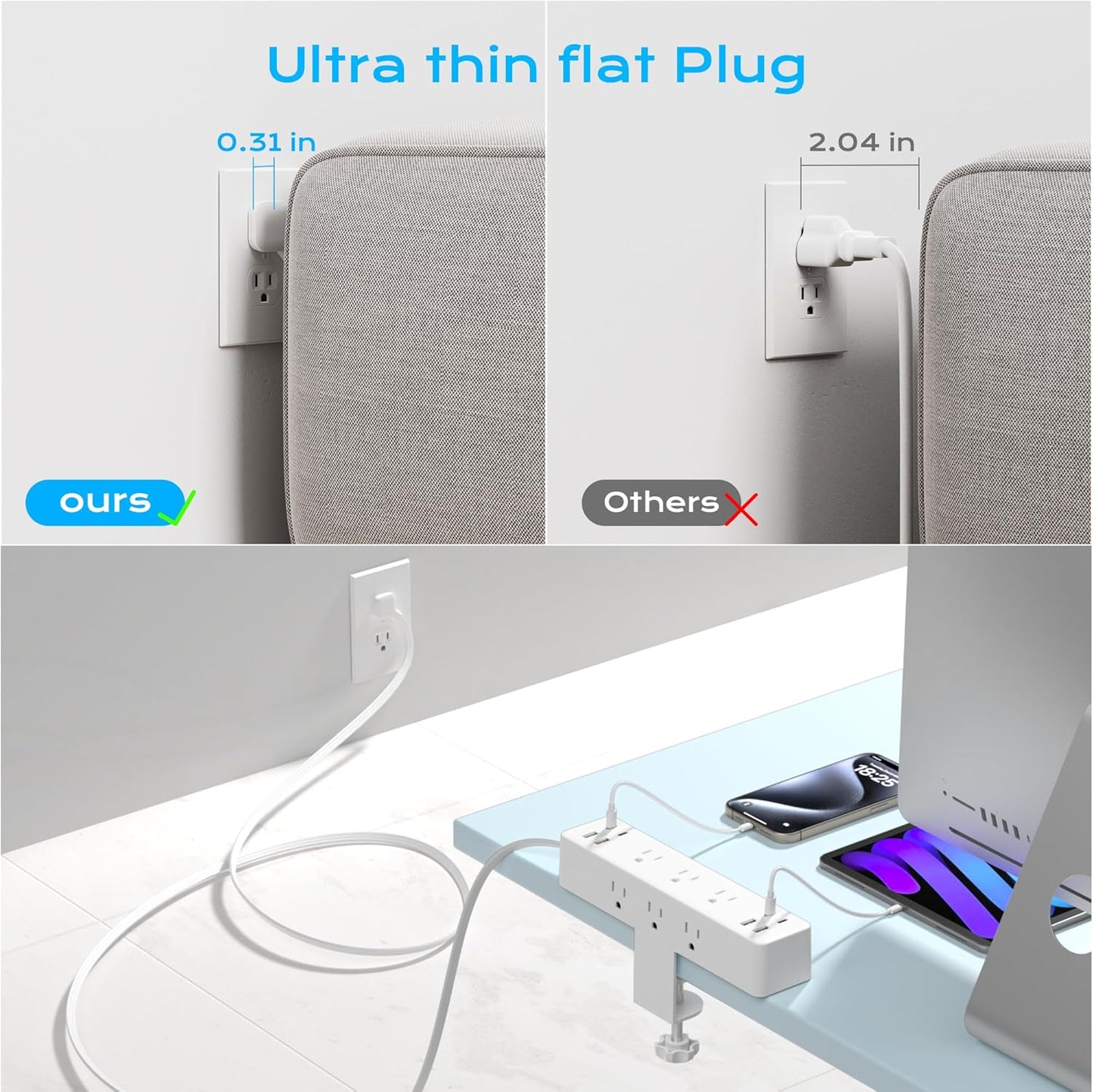 Flat Plug Desk Clamp Power Strip 10FT, 24W Total Charging Station, Desk Edge Mount Power Strip 9 AC Outlets 8 USB Ports Surge Protector, Fit 1.7" Tabletop Edge, Home Office Accessories, White