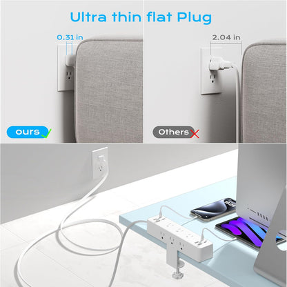 Flat Plug Desk Clamp Power Strip 10FT, 24W Total Charging Station, Desk Edge Mount Power Strip 9 AC Outlets 8 USB Ports Surge Protector, Fit 1.7" Tabletop Edge, Home Office Accessories, White