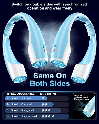 AI Neck Fan, 4 Speeds Adjustable Portable Personal Fan Rechargeable, 4000 mAh Battery Faster Cooling Wearable Fan, Ultra Quiet for Home, Office, Travel, Outdoor - White Blue