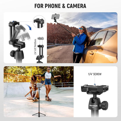 NEEWER Basics 59" Selfie Stick Tripod Compatible with iPhone DLSR Canon Sony Camera, Small Metal Portable Travel Desk Stand for Video Recording Filming, TS04