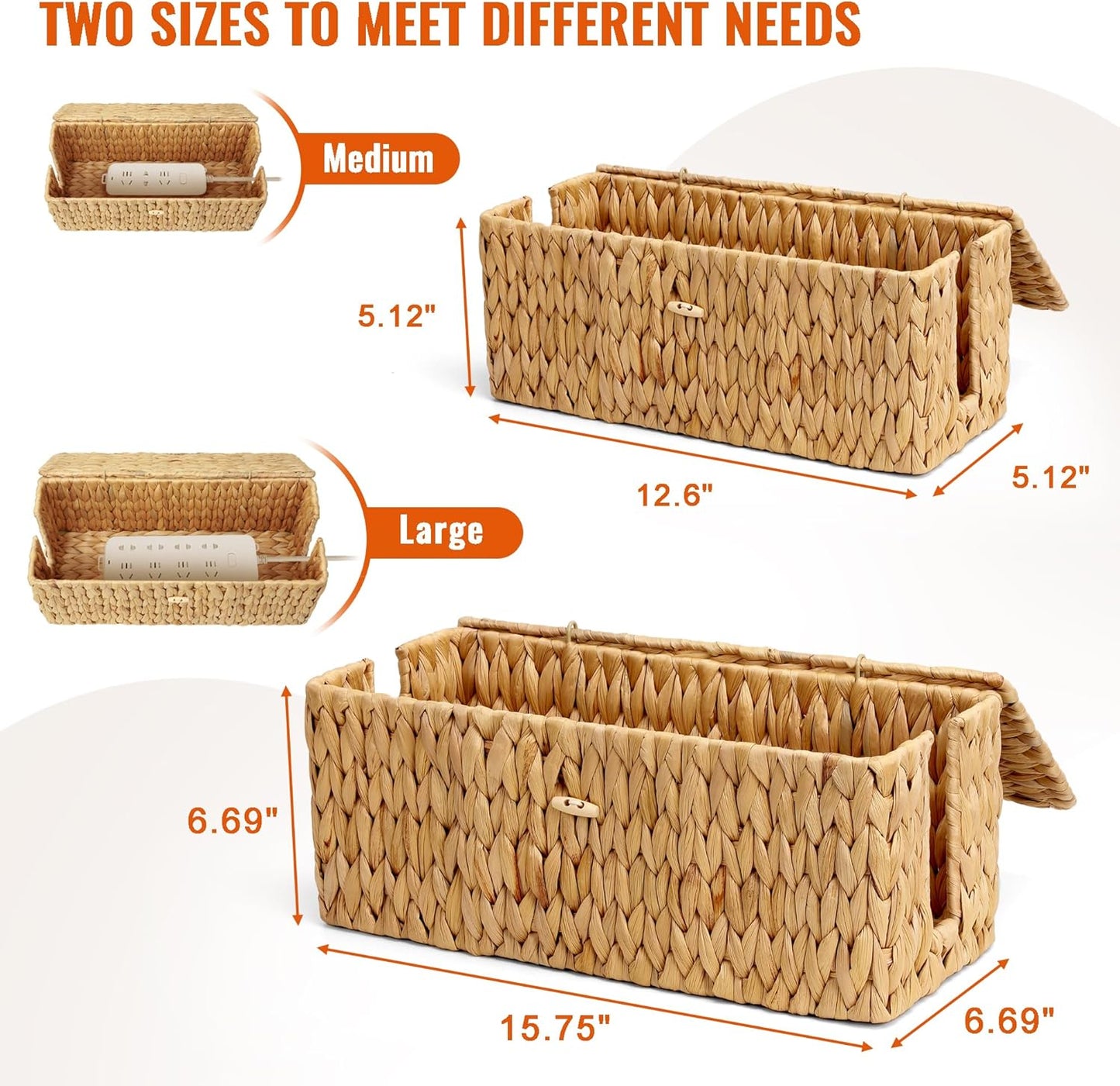 Posprica Cable Management Box with Lid, 2Pack Handwoven Real Water Hyacinth Cord Hider Organizer Boxes, 2 Side Open Slots Storage Box to Hide Cords Power Strip for Desk, Floor, Office