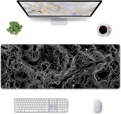 Black with White Topographic Line Large Mouse Pad,Gaming Keyboard Desk Pad,Extended Mouse Mat Non-Slip Rubber Base with Stitched Edges for Office Game Home XL 31.5"x11.8"