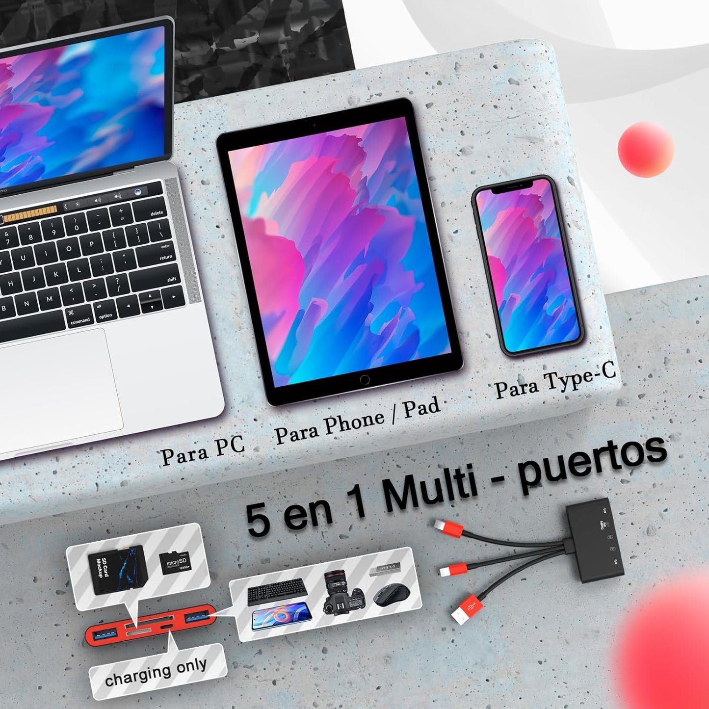 5-in-1 Memory Card Reader, USB OTG Adapter & SD Card Reader for i-Phone/i-Pad, USB C and USB A Devices with Micro SD & SD Card Slots, Supports SD/Micro SD/SDHC/SDXC/MMC(BlackRed)