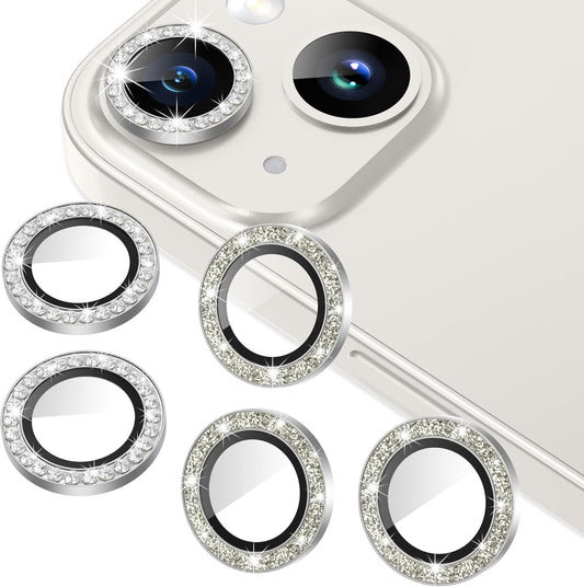 AGVEE 3+3 for iPhone 14 6.1" / 14 Plus 6.7" Camera Lens Protector, Bling Diamond & Bling Glitter Metal Ring 9H Tempered HD Glass Camera Protector Cover Film, Bling-Silver