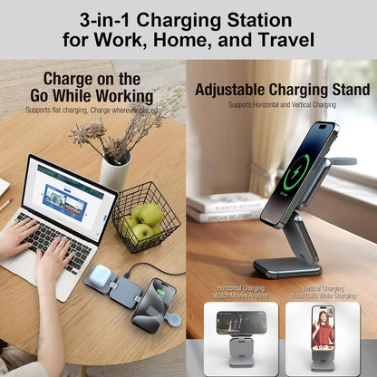 3 in 1 Charging Station for Apple Devices, Magnetic Foldable Wireless Charger, 15W Fast Charging for iPhone 12/13/14/15/16, Watches, and Earbuds, Compact Travel Design, Metal Frame