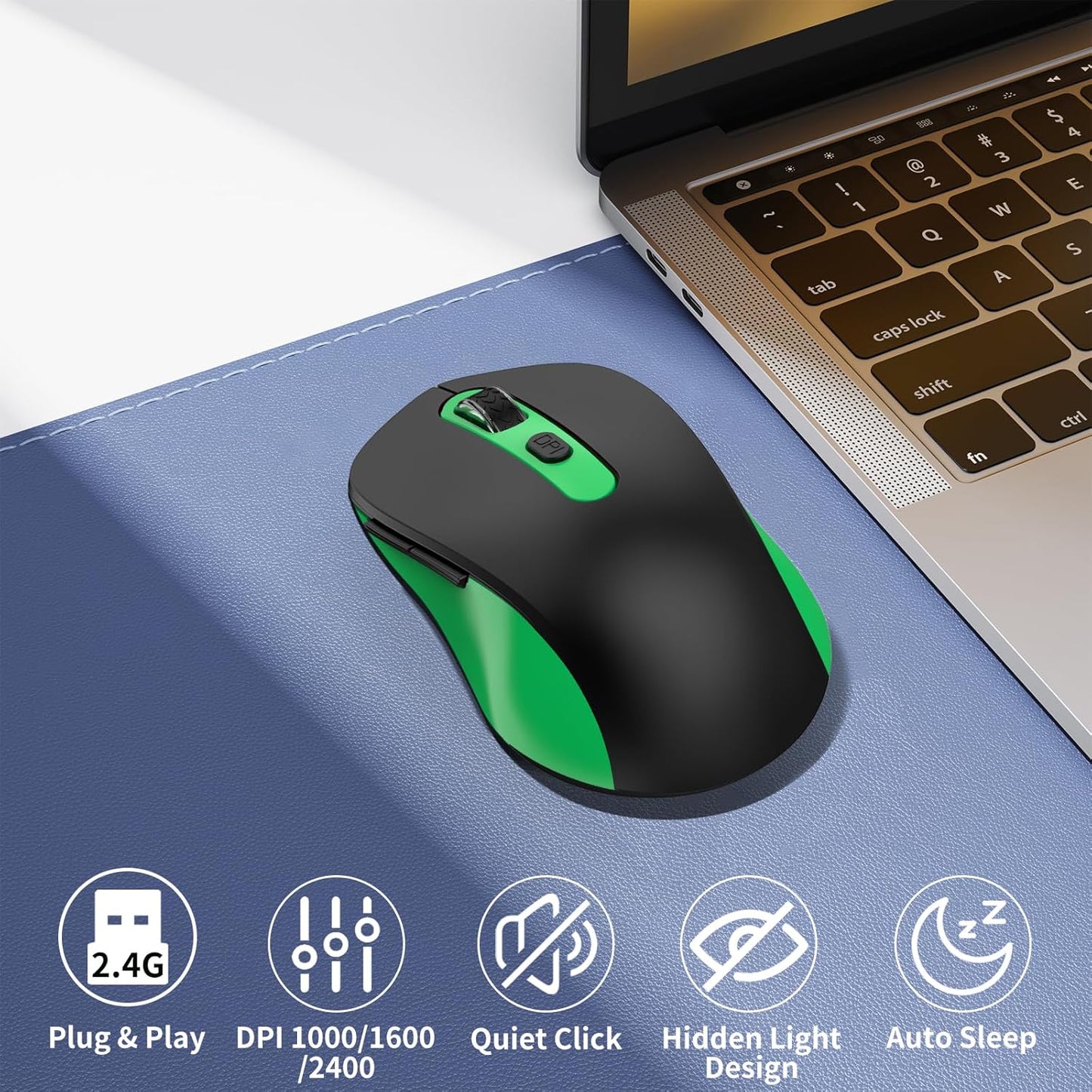 Wireless Mouse for Laptop, PC, Chromebook, Mac, MacBook, Silent Wireless Mouse with USB Nano Receiver, Side Button, 2400 DPI, Anti Slip Roller, 6 Button Ergonomics Cordless Computer Mice - Black Green