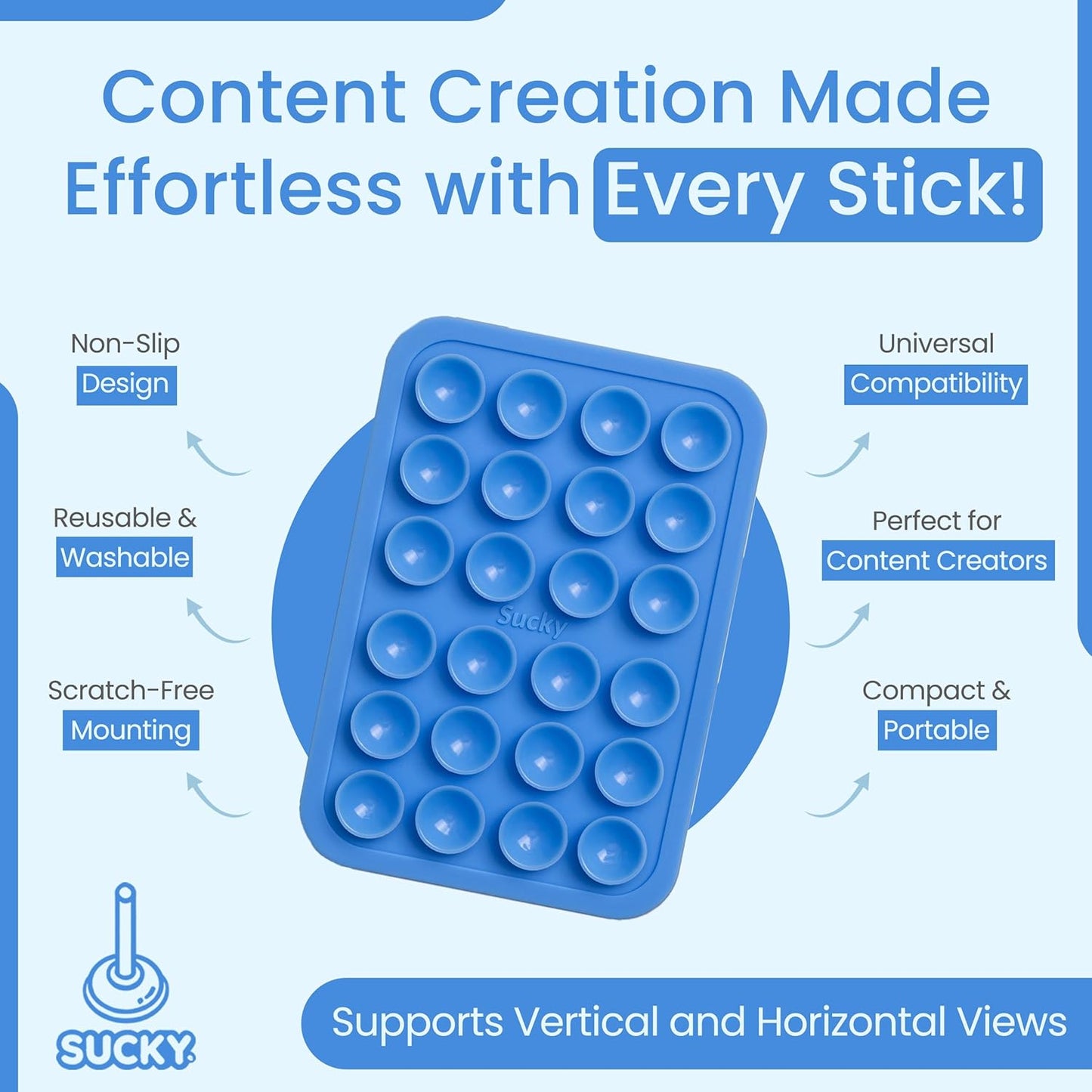 SUCKY Silicone Suction Phone Case Adhesive Mount - Anti-Slip Holder, Hands-Free Fidget Toy, Phone Accessory for iPhone and Android - Blue