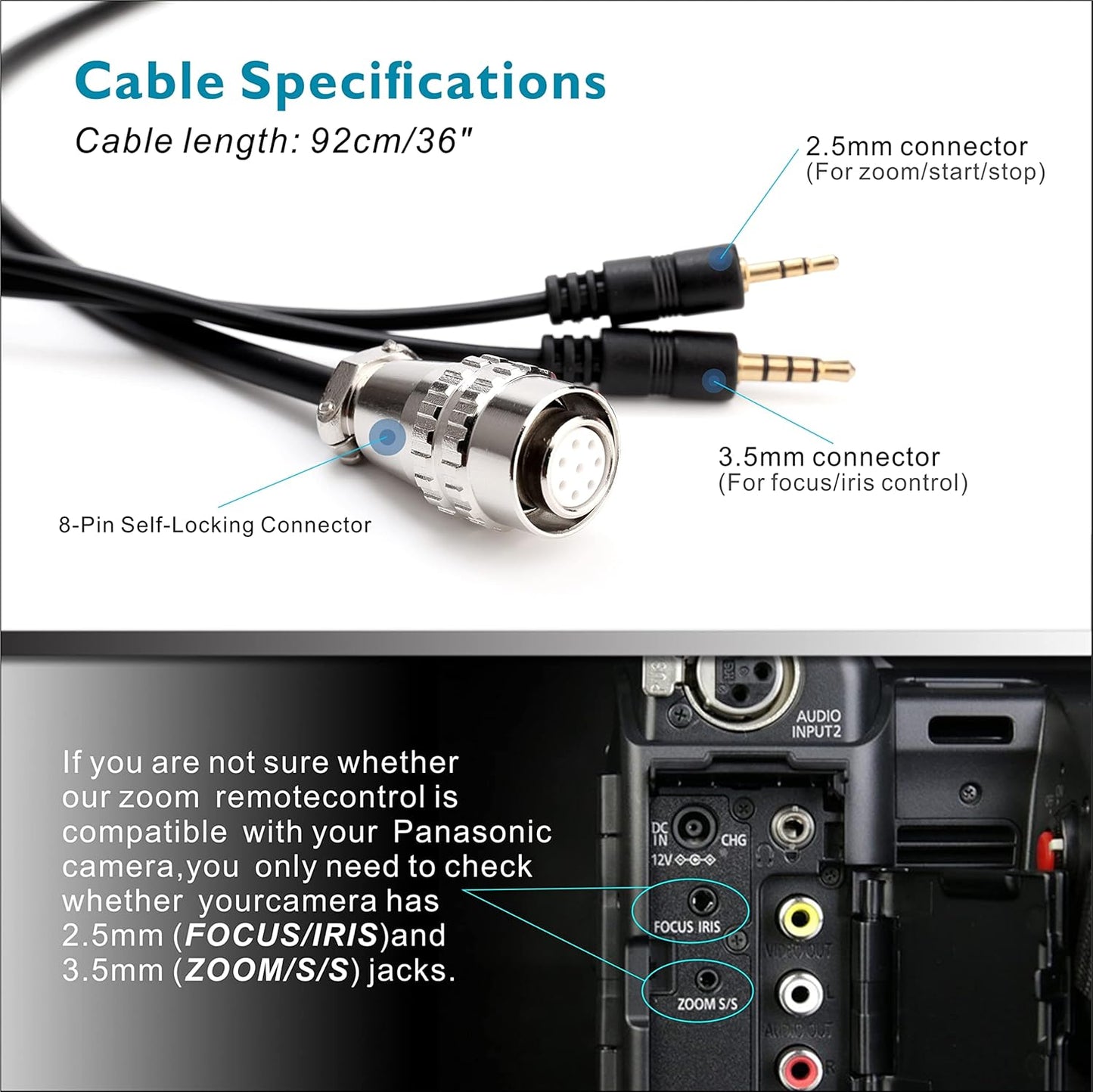 Camcorder Zoom Controller, Remote Control Zoom, Iris, and Focus Control + 2.5mm and 3.5mm Jack Cable for Panasonic HC-X1 HC-PV100 AG-UX90 AG-UX180 HC-X1000 AG-AC30 AG-AC90 AU-EVA1 Camera.