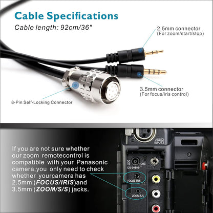 Camcorder Zoom Controller, Remote Control Zoom, Iris, and Focus Control + 2.5mm and 3.5mm Jack Cable for Panasonic HC-X1 HC-PV100 AG-UX90 AG-UX180 HC-X1000 AG-AC30 AG-AC90 AU-EVA1 Camera.
