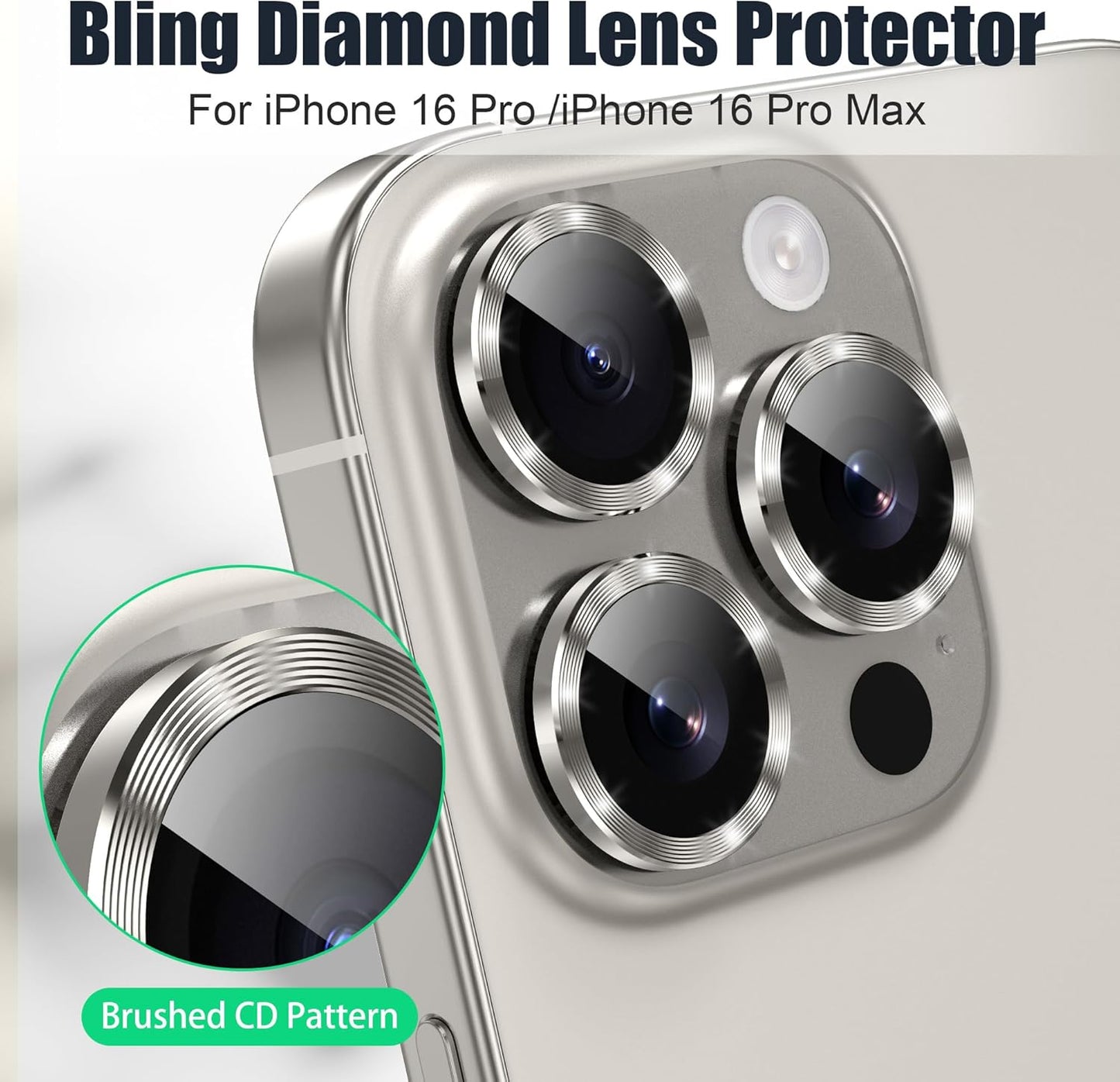 AGVEE 3+3 6 Pack for iPhone 16 Pro 6.3" / 16 Pro Max 6.9" Camera Lens Cover Protector, Bling Glitter & CD-Textured Metal Ring 9H Tempered HD Glass Camera Cover Protector Film, Glitter-Natural