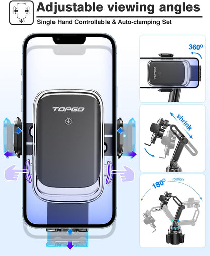 TOPGO [Upgraded Cup Phone Mount Wireless Charger, Universal Cell Phone Holder Car Charger Wireless Charger Cup Phone Holder Fast Charging for iPhone16 Pro Max, Samsung Galaxy - Black