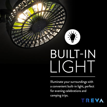 Treva 5 Inch Tripod Fan with Built-In Light and Attachable Phone Mount, Rechargeable 3-Speed Mini Fan with Handle for Travel, Camping, Outdoors