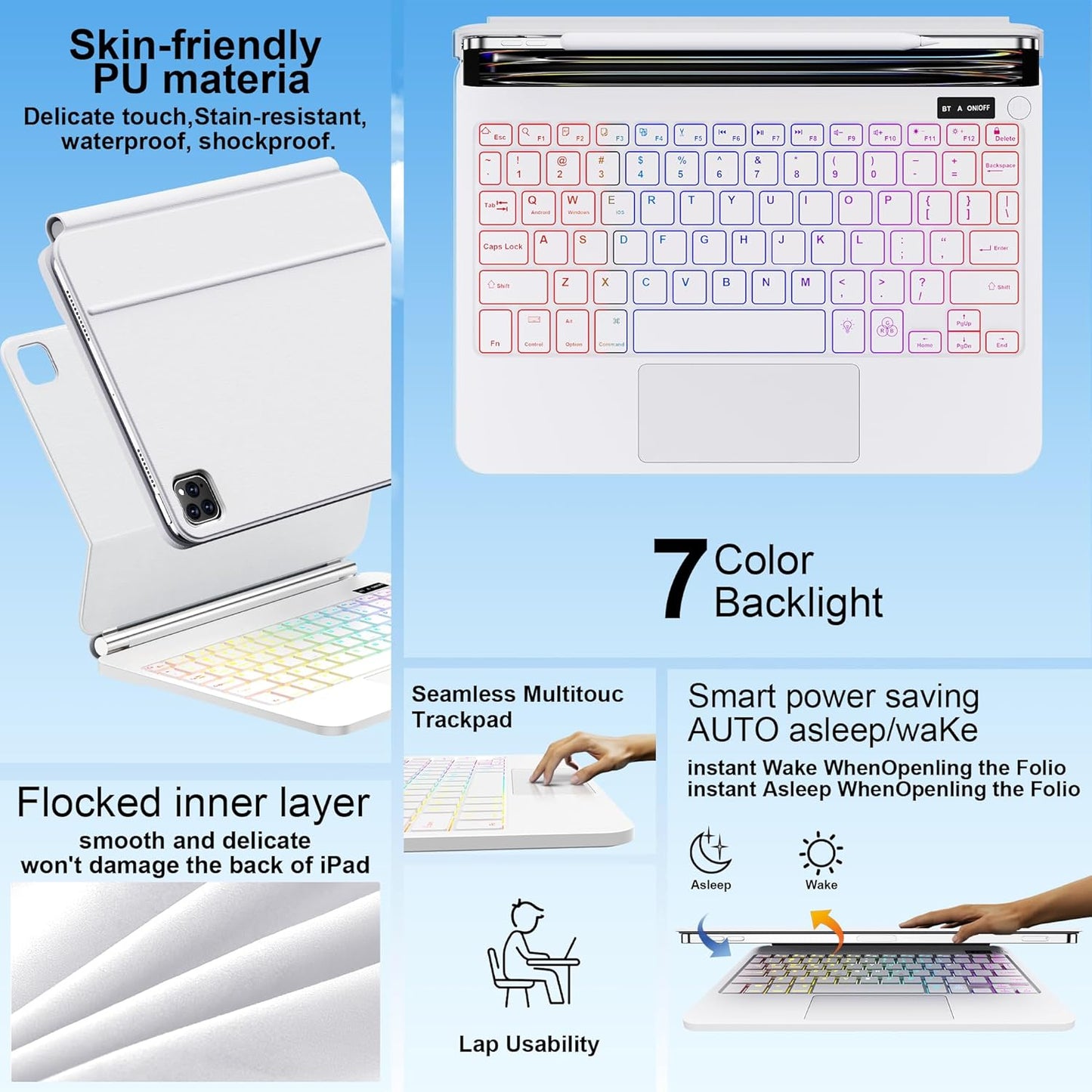 for iPad Pro 13 Inch Case with Keyboard (M4, 2024)，Magic-Style Magnetic – 7 Colors Backlight -Floating Cantilever Stand - Multi-Touch Trackpad Keyboard Case for iPad Pro 13 (White)