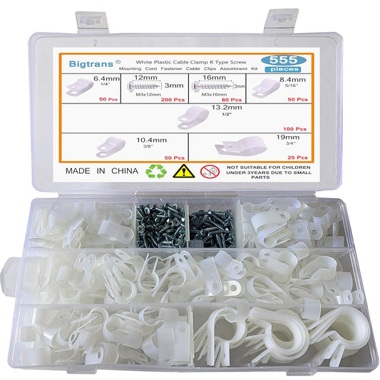 Bigtrans 555 Pcs Nylon Plastic R-Type Wire Clips with Screws 1/4" 5/16" 3/8" 1/2" 3/4" Clamps Fasteners Assortment for Cable Conduit -5 Size -White