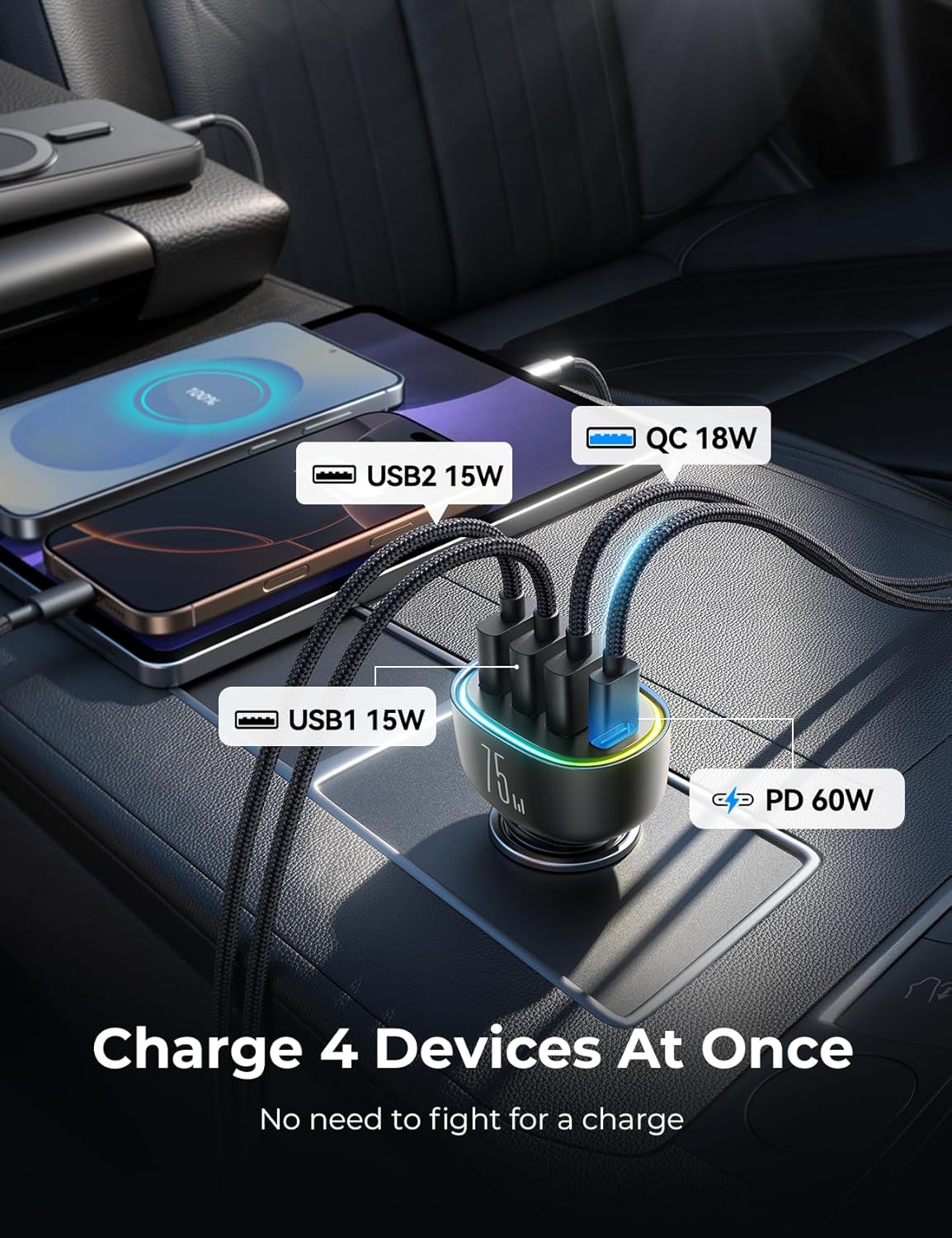 75W Car Charger USB C Cigarette Lighter Adapter 4-Port Fast Car Charger with 3.3ft 60W USB C Cable Fast Charging