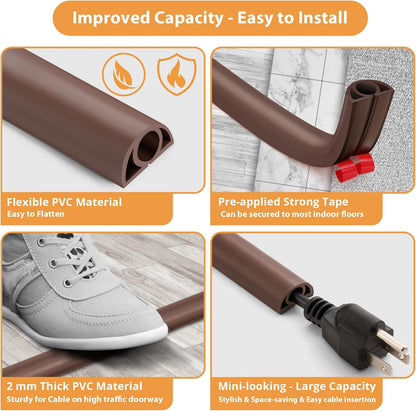 12ft Cord Cover Floor for Extension Cords, Self-Adhesive Floor Cable Cover to Protect Cables & Prevent Tripping, PVC Cord Hider Protector, Internal Wire Management Channel Diameter: 0.39", Brown