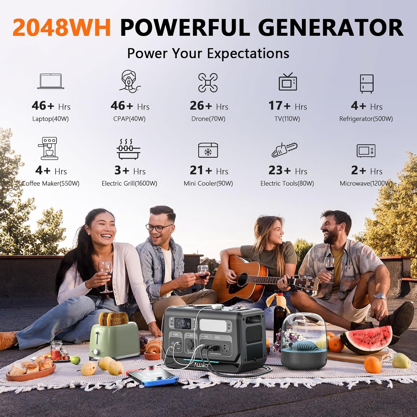 ALLWEI Solar Generator 2400W with 1x 200W Solar Panel, 2048Wh LiFePO4 Portable Power Station, Fast Charge in 1.5H, 4 AC Outlet, Expandable to 10240Wh for RV Camping Home Backup Outdoor Power Outage