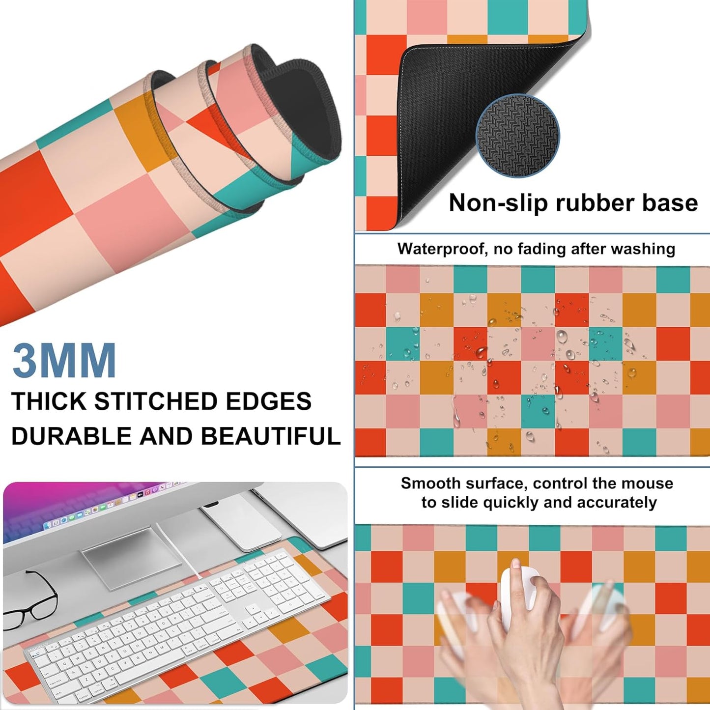 Large Mouse Pad Retro Checkerboard Gaming Desk Pad Computer Keyboard Non-slip Waterproof Mouse Mat with Rubber Base and Stitched Edges Entertainment Office Writing Desk Mat 35.4 x 15.7 Inches